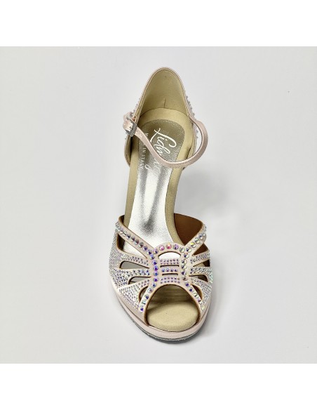 Scarpa da ballo donna latino americano ballo da sala raso cipria strass boreali plateau suola bufalo tacco 85 stiletto