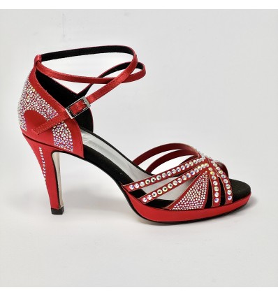 Scarpa da ballo donna latino americano ballo da sala liscio raso rosso strass boreali plateau suola cuoio tacco 85 stiletto