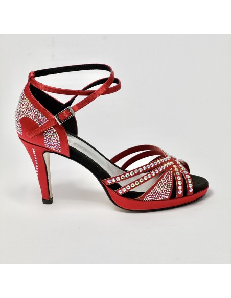 Scarpa da ballo donna latino americano ballo da sala liscio raso rosso strass boreali plateau suola cuoio tacco 85 stiletto