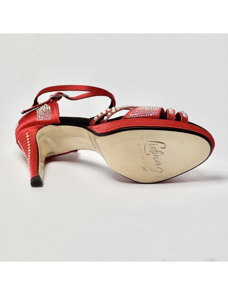 Scarpa da ballo donna latino americano ballo da sala liscio raso rosso strass boreali plateau suola cuoio tacco 85 stiletto
