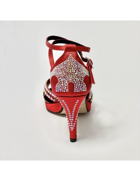 Scarpa da ballo donna latino americano ballo da sala liscio raso rosso strass boreali plateau suola cuoio tacco 85 stiletto
