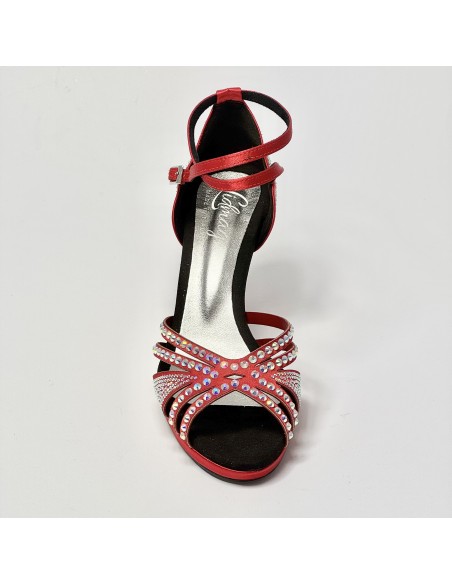 Scarpa da ballo donna latino americano ballo da sala liscio raso rosso strass boreali plateau suola cuoio tacco 85 stiletto
