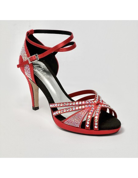 Scarpa da ballo donna latino americano ballo da sala liscio raso rosso strass boreali plateau suola cuoio tacco 85 stiletto