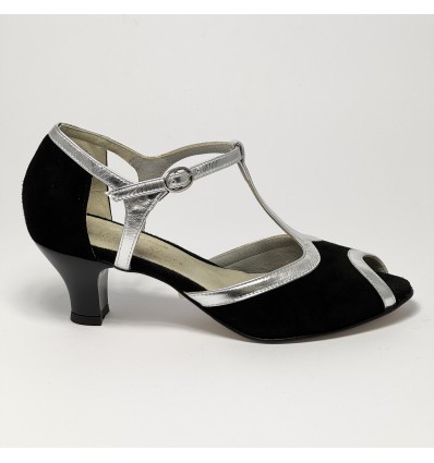 Scarpa da ballo donna latino americano ballo da sala liscio camoscio nero pelle argento suola cuoio pomiciato tacco 50