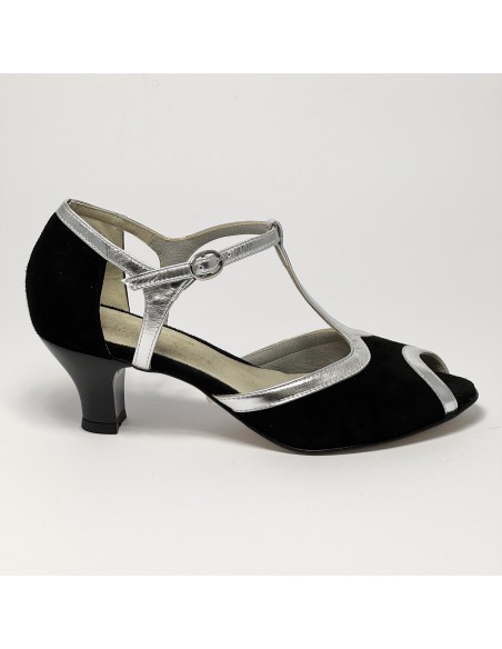 Scarpa da ballo donna latino americano ballo da sala liscio camoscio nero pelle argento suola cuoio pomiciato tacco 50