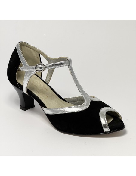 Scarpa da ballo donna latino americano ballo da sala liscio camoscio nero pelle argento suola cuoio pomiciato tacco 50