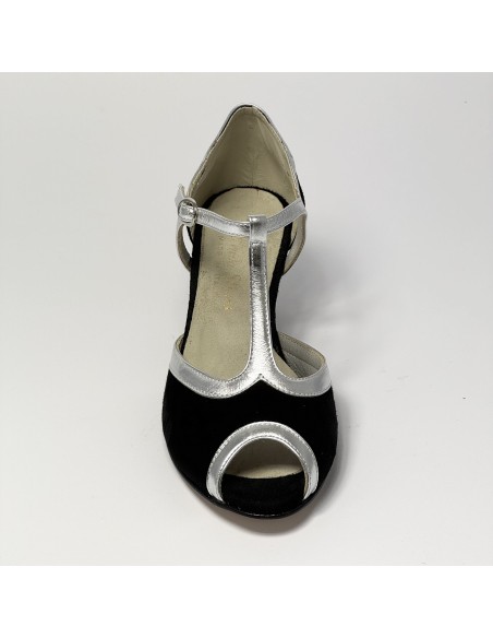 Scarpa da ballo donna latino americano ballo da sala liscio camoscio nero pelle argento suola cuoio pomiciato tacco 50