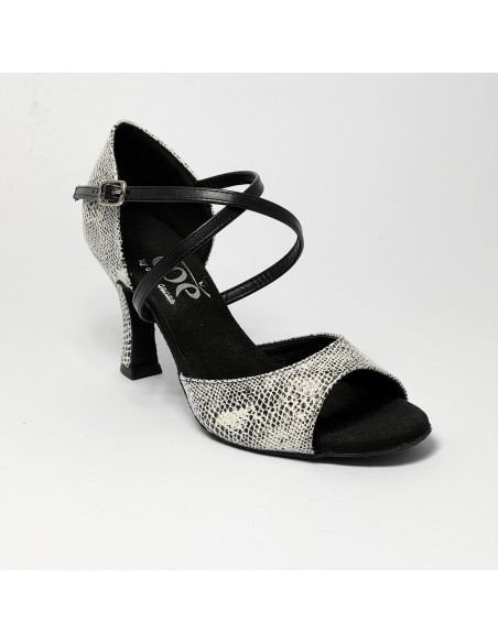 Scarpa da ballo donna latino americano tango ballo liscio da sala pelle stampata pitone bianco suola bufalo tacco 70 rocchetto