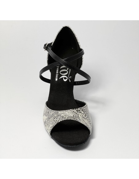 Scarpa da ballo donna latino americano tango ballo liscio da sala pelle stampata pitone bianco suola bufalo tacco 70 rocchetto