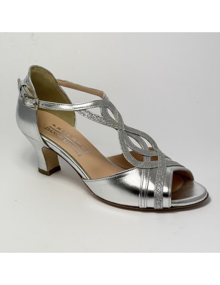 Scarpa da ballo donna latino americano ballo da sala liscio pelle glitter argento suola cuoio pomiciato tacco 50