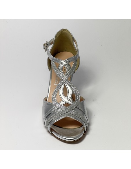 Scarpa da ballo donna latino americano ballo da sala liscio pelle glitter argento suola cuoio pomiciato tacco 50