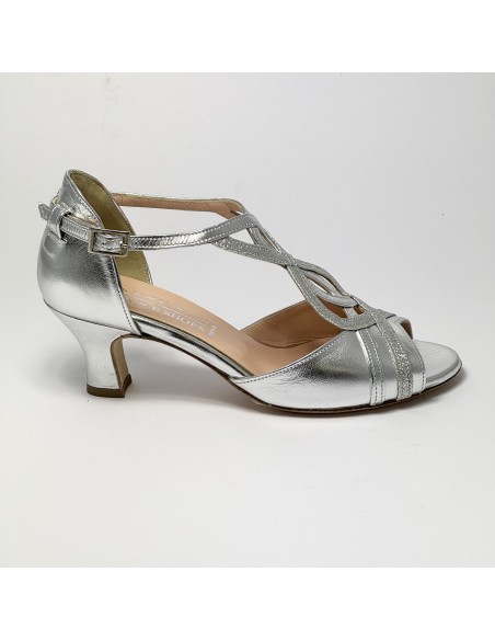Scarpa da ballo donna latino americano ballo da sala liscio pelle glitter argento suola cuoio pomiciato tacco 50