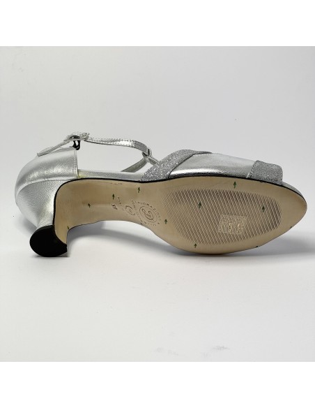 Scarpa da ballo donna latino americano ballo da sala liscio pelle glitter argento suola cuoio tacco 50 rocchetto