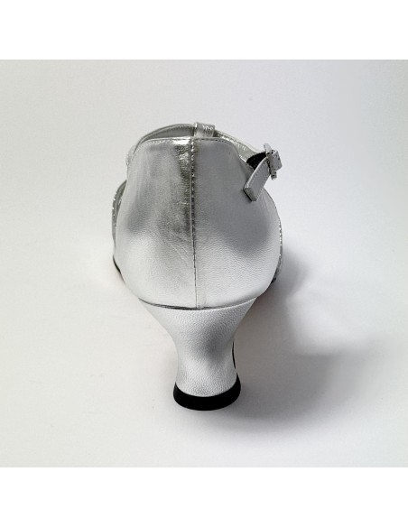 Scarpa da ballo donna latino americano ballo da sala liscio pelle glitter argento suola cuoio tacco 50 rocchetto