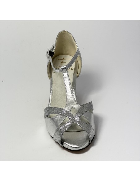 Scarpa da ballo donna latino americano ballo da sala liscio pelle glitter argento suola cuoio tacco 50 rocchetto