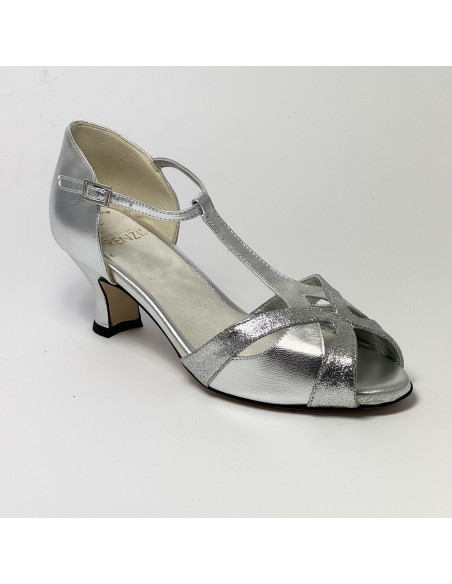 Scarpa da ballo donna latino americano ballo da sala liscio pelle glitter argento suola cuoio tacco 50 rocchetto