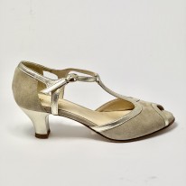 Scarpa da ballo donna latino americano ballo da sala liscio camoscio beige pelle platino suola cuoio pomiciato tacco 50