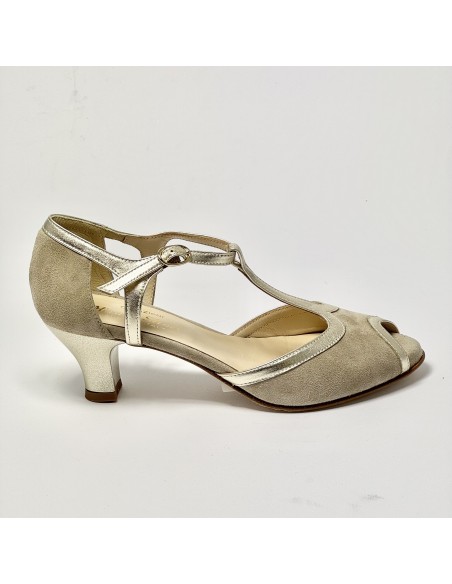 Scarpa da ballo donna latino americano ballo da sala liscio camoscio beige pelle platino suola cuoio pomiciato tacco 50
