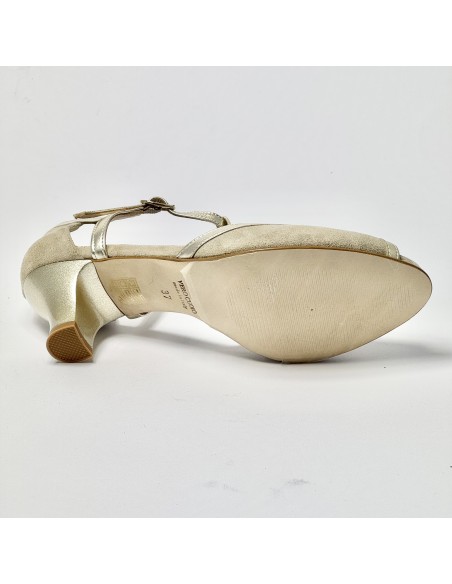 Scarpa da ballo donna latino americano ballo da sala liscio camoscio beige pelle platino suola cuoio pomiciato tacco 50