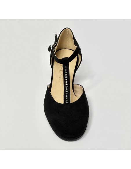 Scarpa da ballo donna ballo da sala liscio standard camoscio nero strass suola bufalo tacco 30 largo