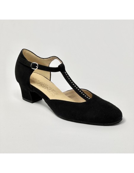 Scarpa da ballo donna ballo da sala liscio standard camoscio nero strass suola bufalo tacco 30 largo