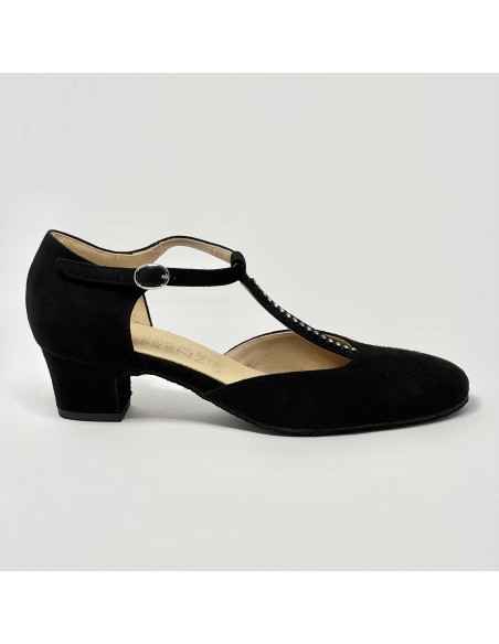 Scarpa da ballo donna ballo da sala liscio standard camoscio nero strass suola bufalo tacco 30 largo