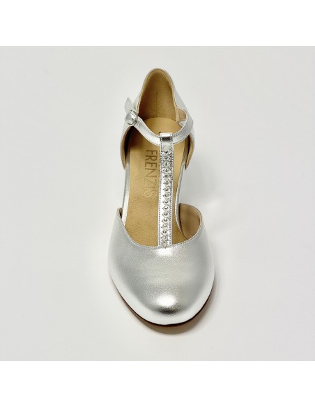 Scarpa a ballo donna ballo da sala liscio standard pelle argento strass suola cuoio pomiciato tacco 50 rocchetto