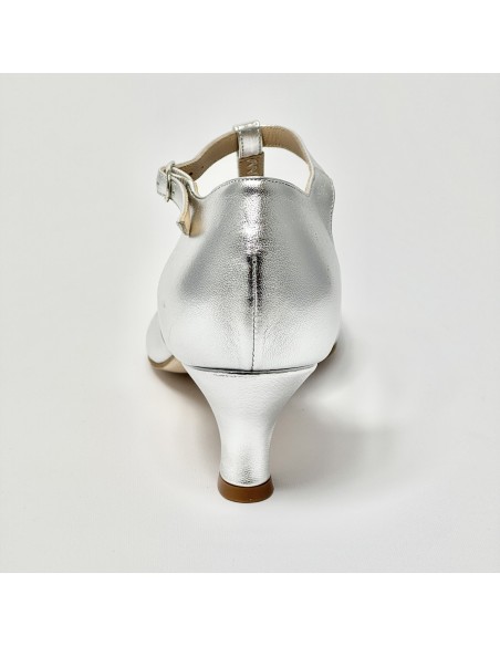 Scarpa a ballo donna ballo da sala liscio standard pelle argento strass suola cuoio pomiciato tacco 50 rocchetto