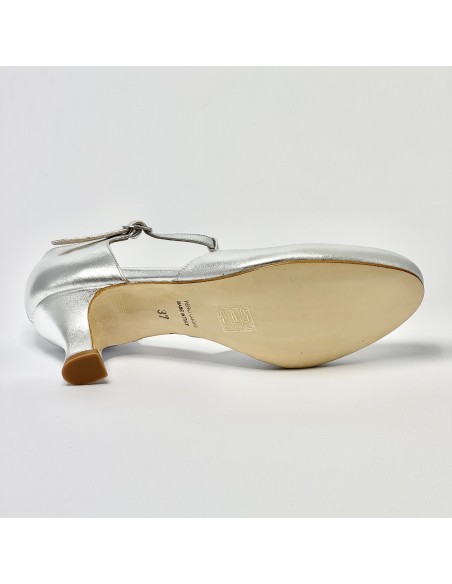 Scarpa a ballo donna ballo da sala liscio standard pelle argento strass suola cuoio pomiciato tacco 50 rocchetto