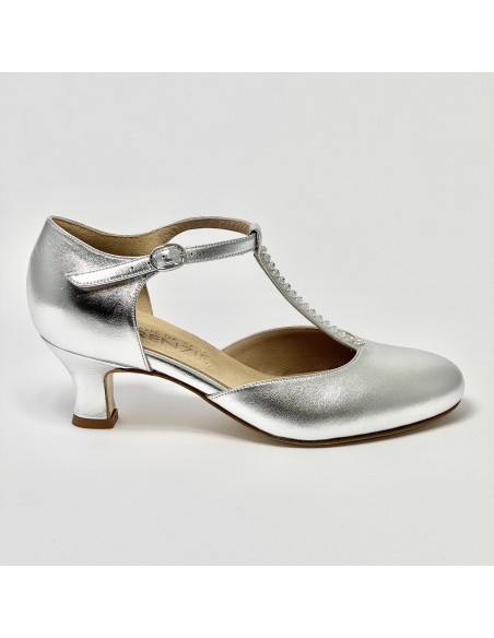 Scarpa a ballo donna ballo da sala liscio standard pelle argento strass suola cuoio pomiciato tacco 50 rocchetto
