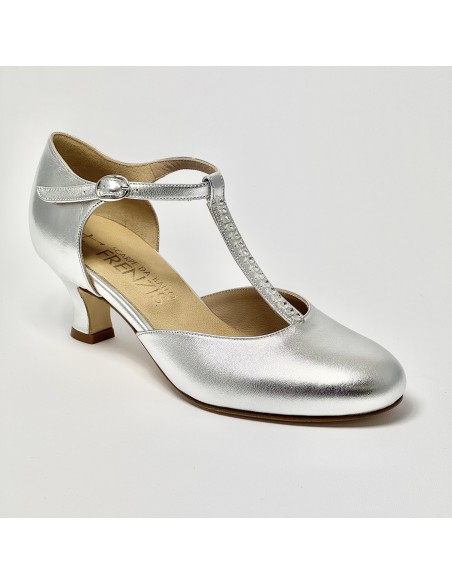 Scarpa a ballo donna ballo da sala liscio standard pelle argento strass suola cuoio pomiciato tacco 50 rocchetto