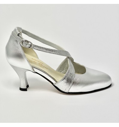 Scarpa da ballo donna ballo da sala liscio pelle argento glitter argento suola cuoio pomiciato tacco 70 rocchetto