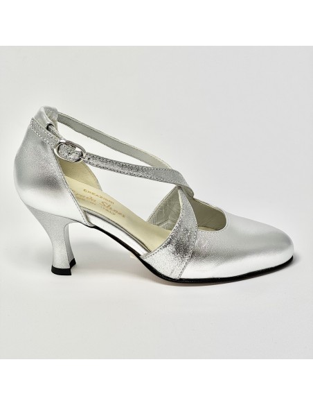 Scarpa da ballo donna ballo da sala liscio pelle argento glitter argento suola cuoio pomiciato tacco 70 rocchetto