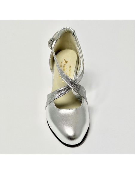 Scarpa da ballo donna ballo da sala liscio pelle argento glitter argento suola cuoio pomiciato tacco 70 rocchetto