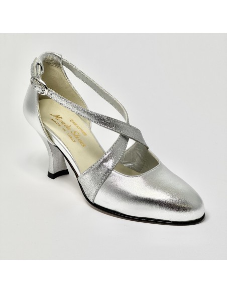 Scarpa da ballo donna ballo da sala liscio pelle argento glitter argento suola cuoio pomiciato tacco 70 rocchetto