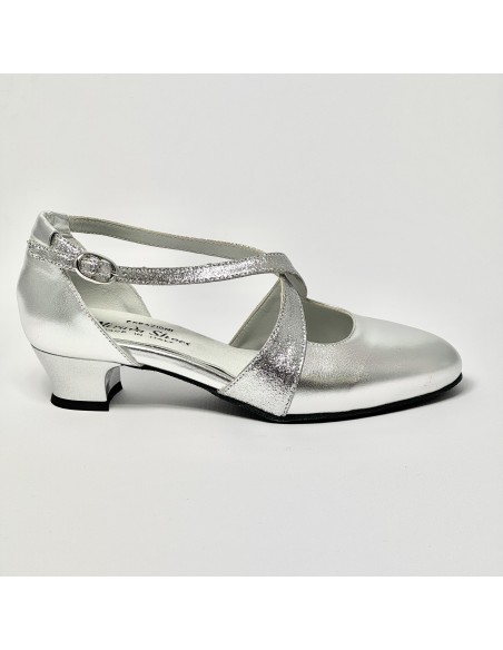 Scarpa da ballo donna ballo da sala liscio pelle argento glitter argento suola bufalo tacco 30 largo