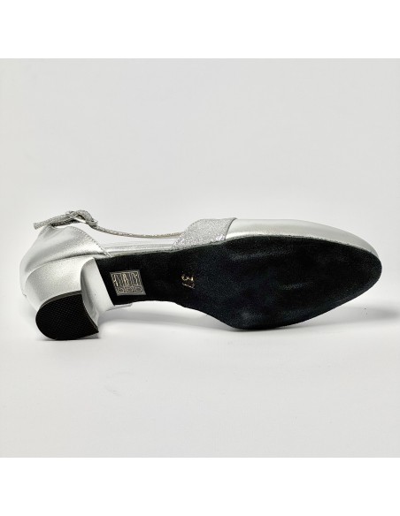 Scarpa da ballo donna ballo da sala liscio pelle argento glitter argento suola bufalo tacco 30 largo