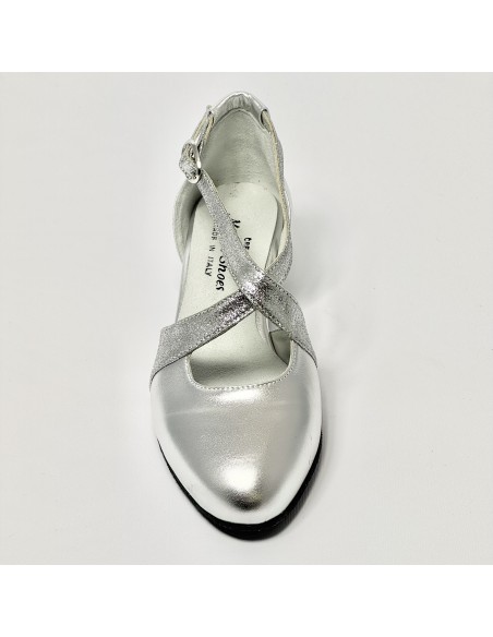 Scarpa da ballo donna ballo da sala liscio pelle argento glitter argento suola bufalo tacco 30 largo