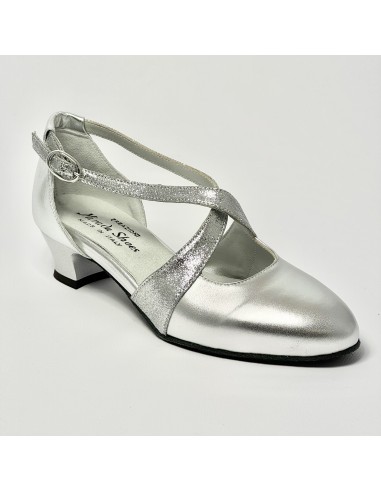 Scarpa da ballo donna ballo da sala liscio pelle argento glitter argento suola bufalo tacco 30 largo