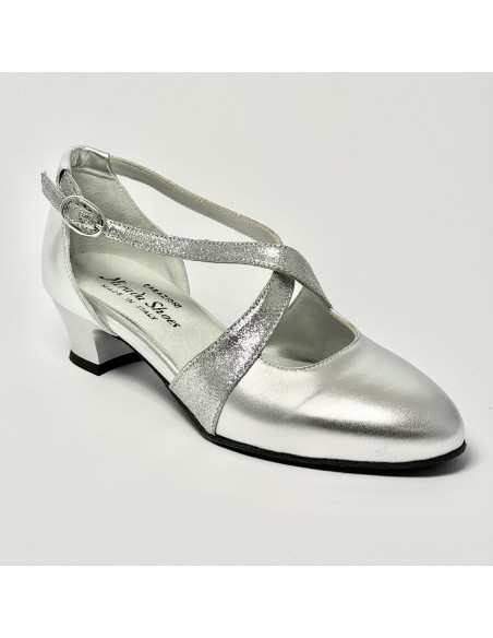 Scarpa da ballo donna ballo da sala liscio pelle argento glitter argento suola bufalo tacco 30 largo