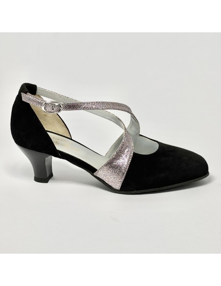 Scarpa da ballo donna ballo da sala liscio camoscio nero glitter arcobaleno suola in bufalo tacco 50