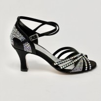 Scarpa da ballo donna latino americano ballo liscio da sala raso nero strass boreali suola cuoio tacco 70