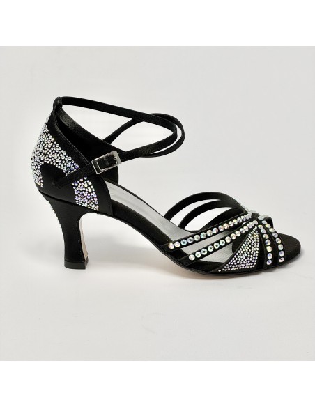 Scarpa da ballo donna latino americano ballo liscio da sala raso nero strass boreali suola cuoio tacco 70
