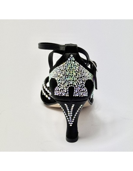 Scarpa da ballo donna latino americano ballo liscio da sala raso nero strass boreali suola cuoio tacco 70