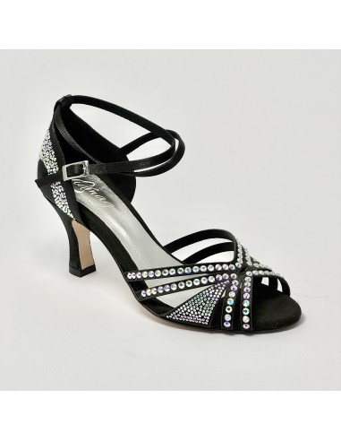 Scarpa da ballo donna latino americano ballo liscio da sala raso nero strass boreali suola cuoio tacco 70