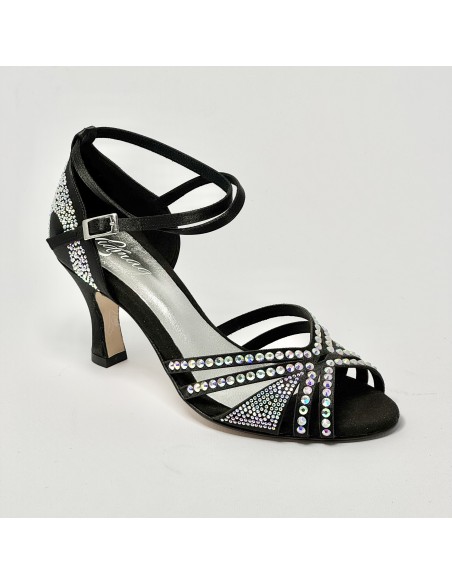 Scarpa da ballo donna latino americano ballo liscio da sala raso nero strass boreali suola cuoio tacco 70