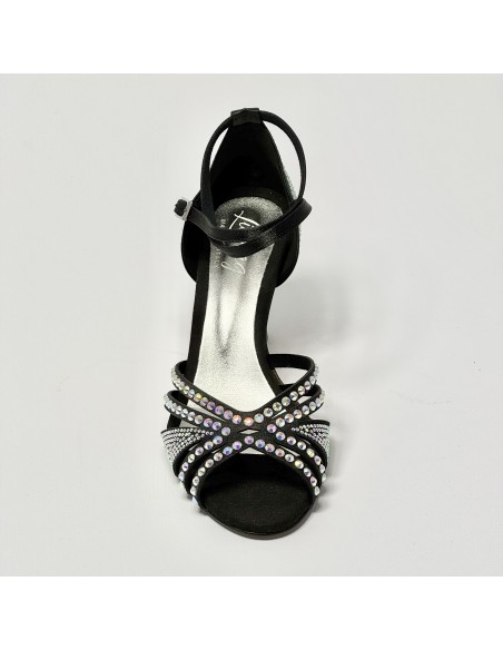 Scarpa da ballo donna latino americano ballo liscio da sala raso nero strass boreali suola cuoio tacco 70
