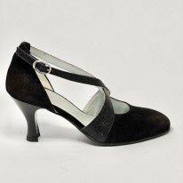 Scarpa da ballo donna ballo da sala liscio satinato polvere nero glitter nero suola bufalo tacco 70 rocchetto