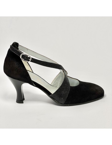 Scarpa da ballo donna ballo da sala liscio satinato polvere nero glitter nero suola bufalo tacco 70 rocchetto