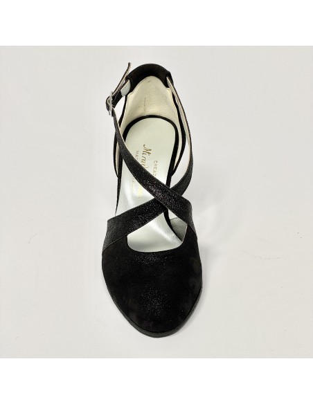 Scarpa da ballo donna ballo da sala liscio satinato polvere nero glitter nero suola bufalo tacco 70 rocchetto